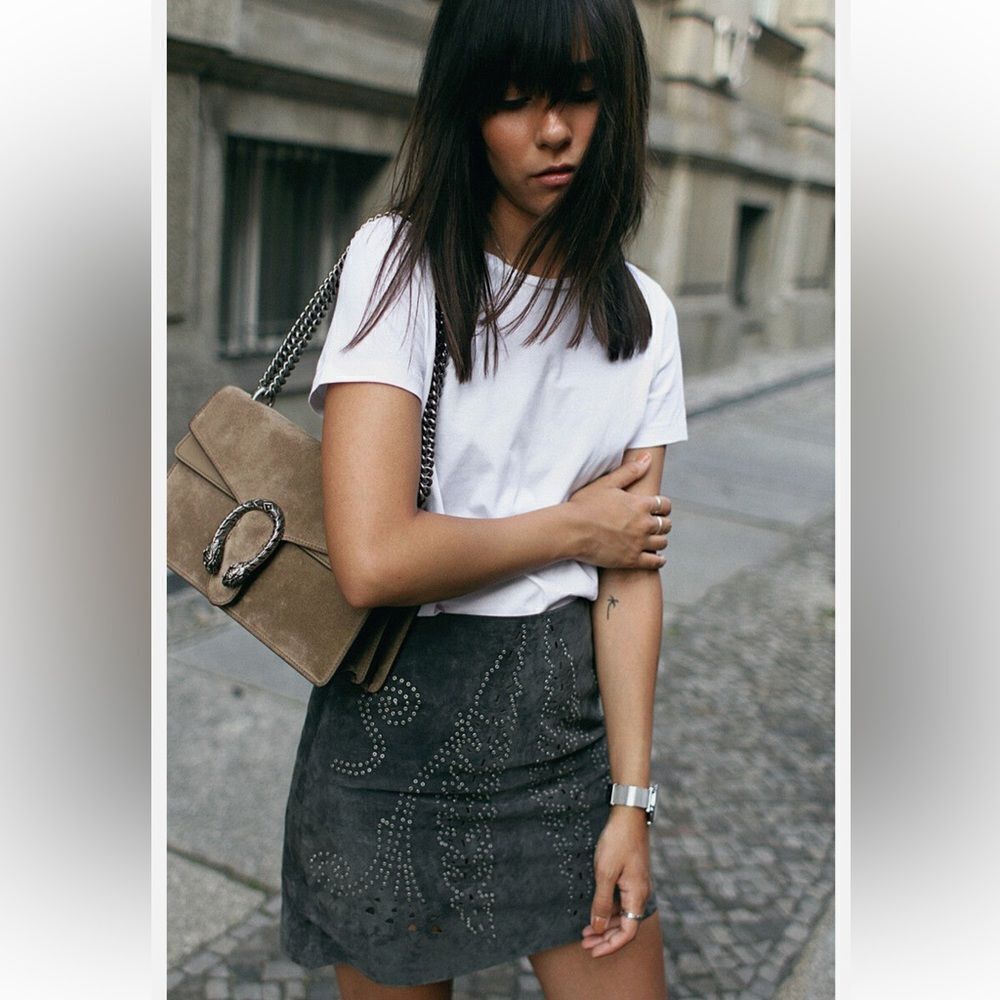 ZARA S Gray Laser Cut Suede Studded Leather Moto Back Zip Mini Skirt